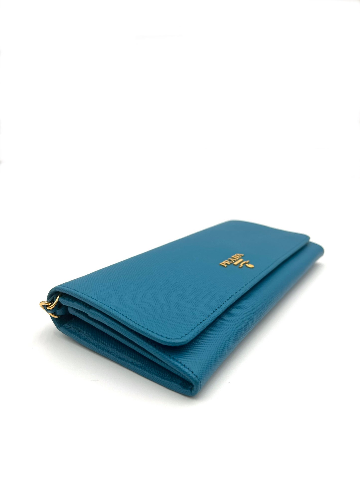 PRADA SAFFIANO METAL WALLET ON CHAIN BLUE