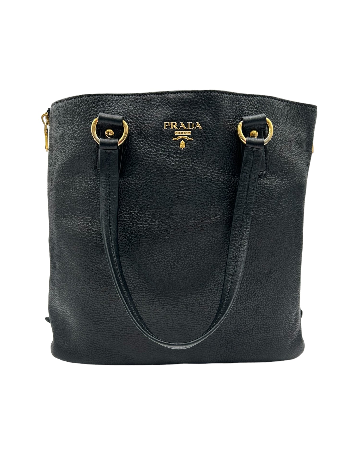 PRADA BLACK VITELLO DAINO LEATHER SIDE ZIP SHOPPING TOTE