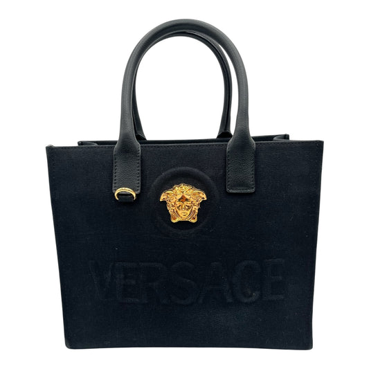 VERSACE LA MEDUSA CANVAS SMALL TOTE BAG BLACK GOLD