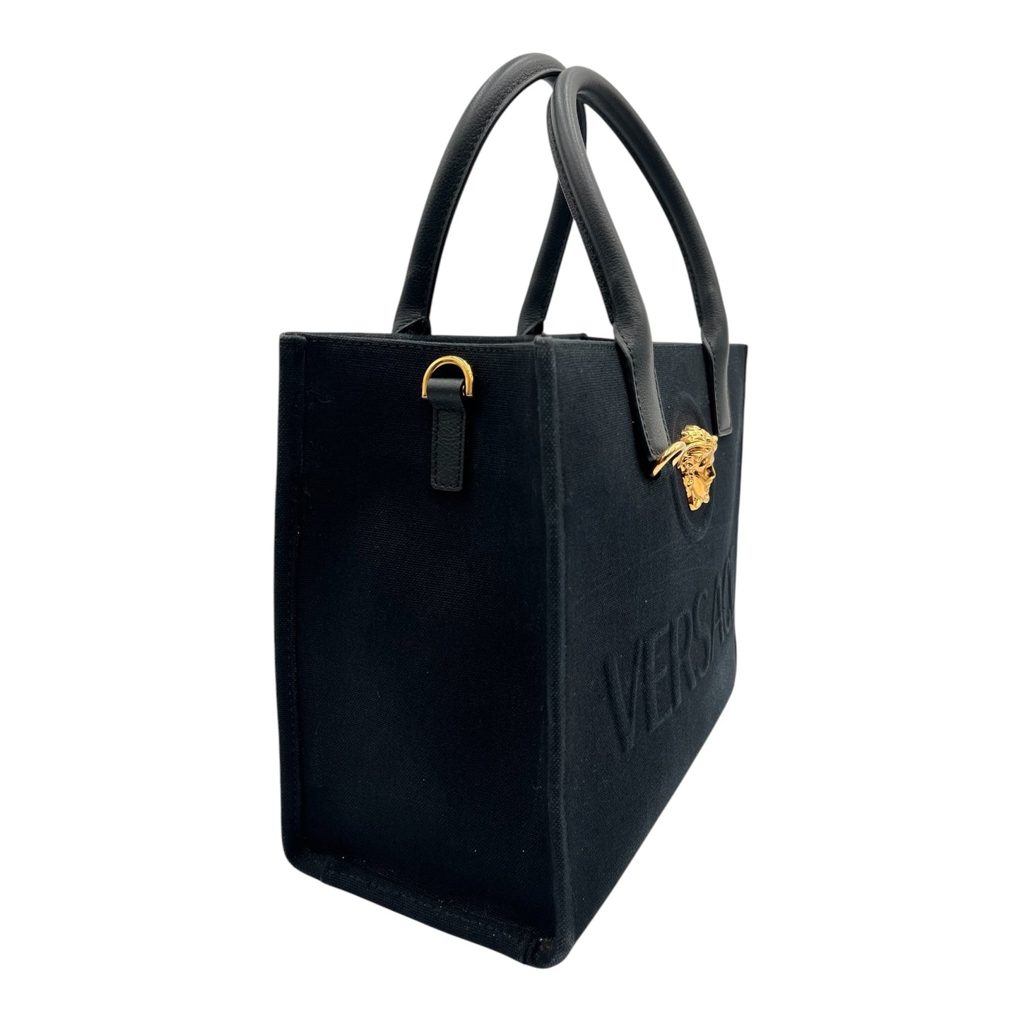 VERSACE LA MEDUSA CANVAS SMALL TOTE BAG BLACK GOLD