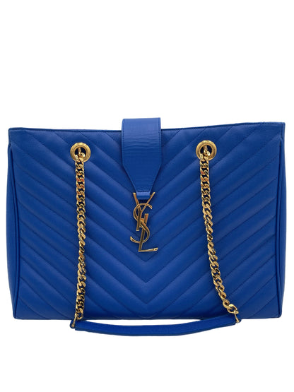 YSL SAINT LAURENT BLUE QUILTED GRAINED LEATHER MONOGRAM TOTE