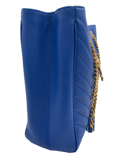 YSL SAINT LAURENT BLUE QUILTED GRAINED LEATHER MONOGRAM TOTE