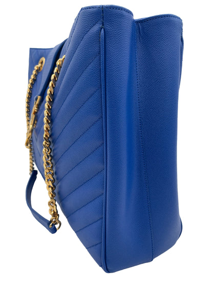 YSL SAINT LAURENT BLUE QUILTED GRAINED LEATHER MONOGRAM TOTE