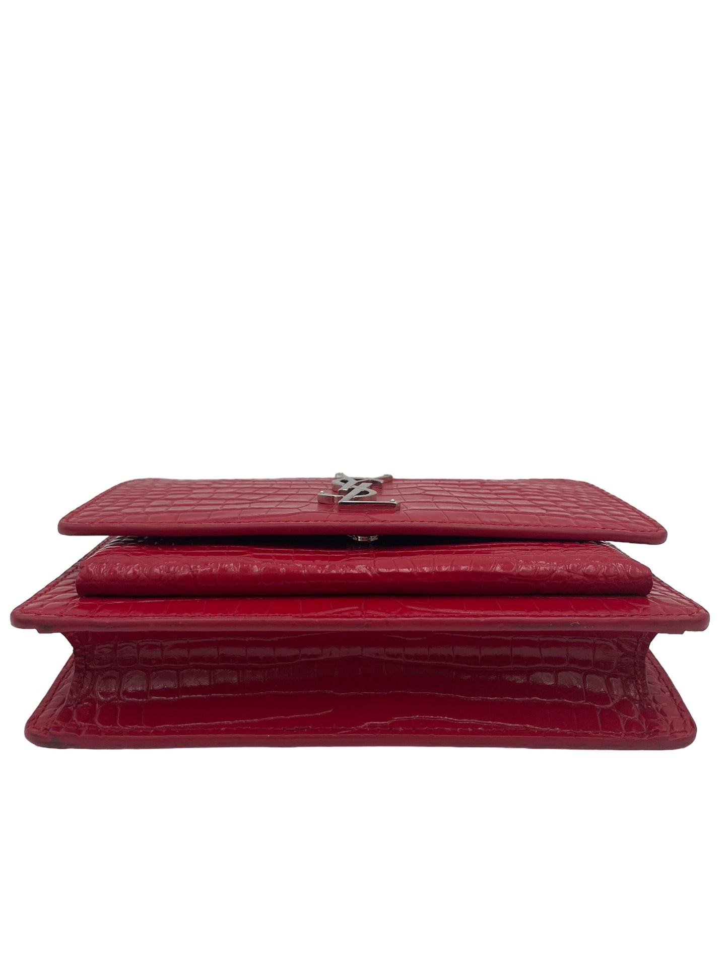 YSL SUNSET CROCODILE EMBOSSED LEATHER CROSSBODY BAG RED