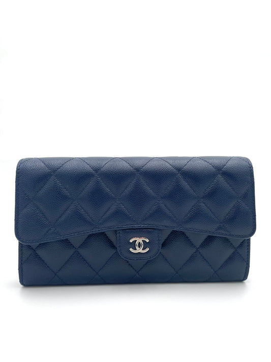 CHANEL NAVY BLUE CAVIAR LEATHER CLASSIC FLAP WALLET