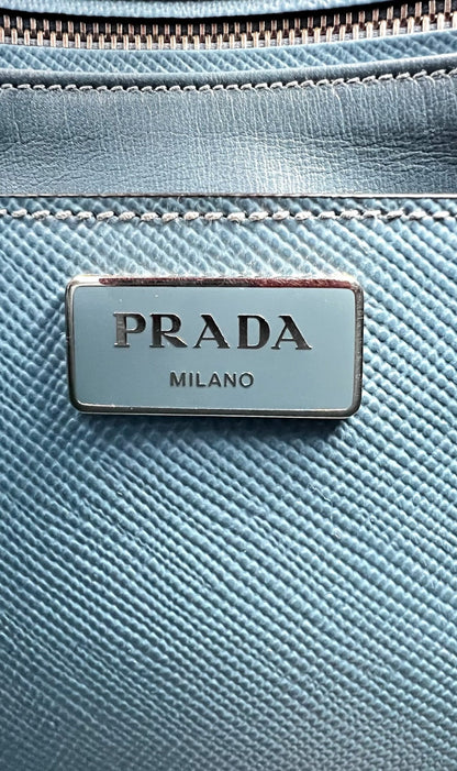 PRADA BLUE SAFFIANO CUIR LEATHER TWIN TOTE BAG