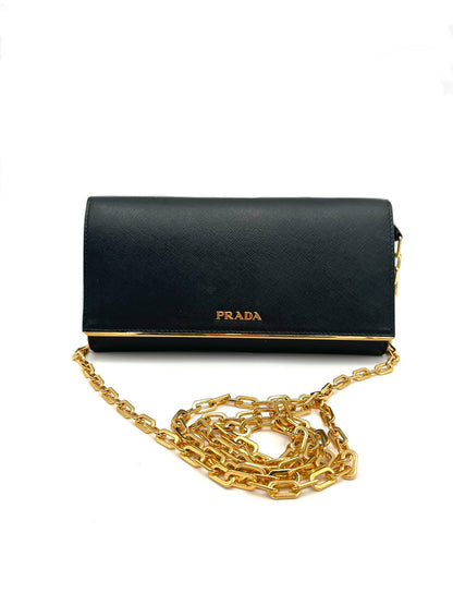 PRADA SAFFIANO BLACK METAL BAR FLAP WALLET